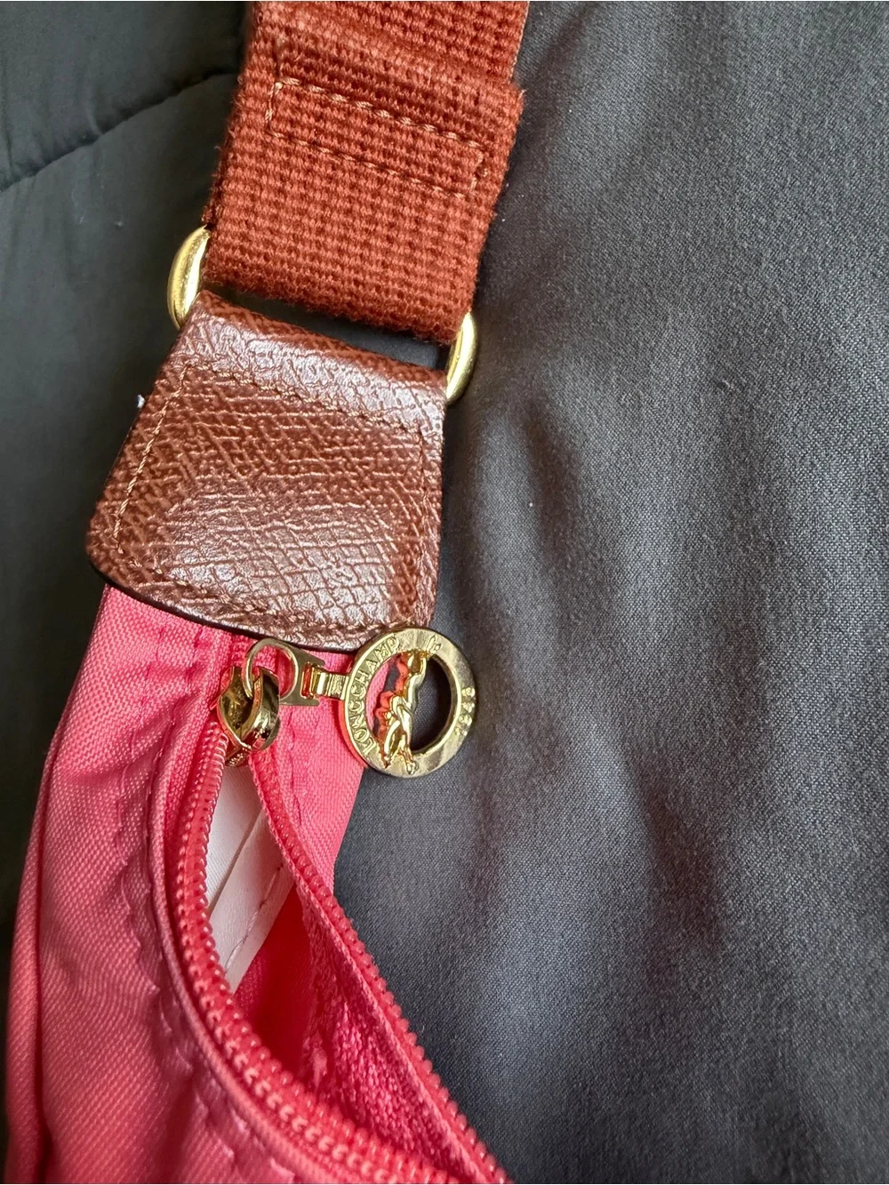 Longchamp Pink Nylon Hobo with Brown Trim and Adjustable Strap